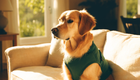 Paw Crate™ Dog Soothing Jacket — Golden Retriever calm and relaxed on cream sofa