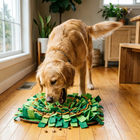 Golden retriever happily using Paw Crate Snuffle Mat enrichment activity