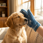 Owner grooming golden retriever with Paw Crate silicone grooming glove
