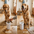 Golden retriever paw being cleaned in Paw Crate Auto Paw Cleaner at front door