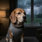 Beagle wearing anxiety jacket calm during thunderstorm