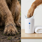 Before and after muddy paw cleaned by Paw Crate Auto Paw Cleaner